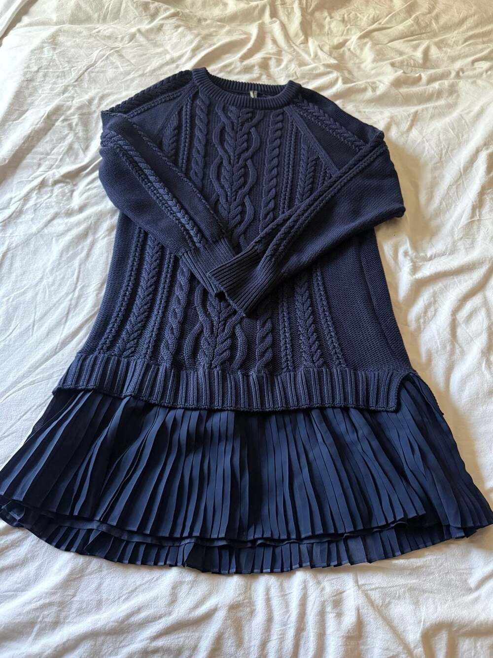 Anthropologie Blue Cable-Knit Twofer Pleated Hem Sweater Dress